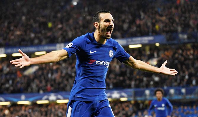 Chelsea's Davide Zappacosta celebrates scoring their second goal against Qarabag FK at Stamford Bridge on Tuesday
