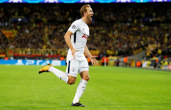 Tottenham's Harry Kane celebrates scoring their third goal against Borussia Dortmund in their home game at Wembley Stadium 
