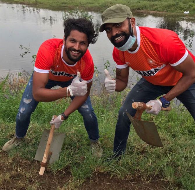 Hockey stars Rupinder Pal Singh and PR Sreejesh participate in the Swacch Bharat Week on Tuesday