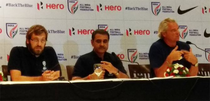 India U-17 coach Luis Norton de Matos (right) with FIFA U-17 World Cup’s tournament director Javier  Seppi and AIFF chief Praful Patel