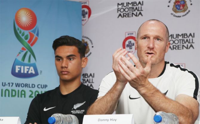 Former Leeds United footballer and coach of the New Zealand Under-17 team Danny Hay and captain Max Mata at the pre-practice match press conference in Mumbai on Wednesday