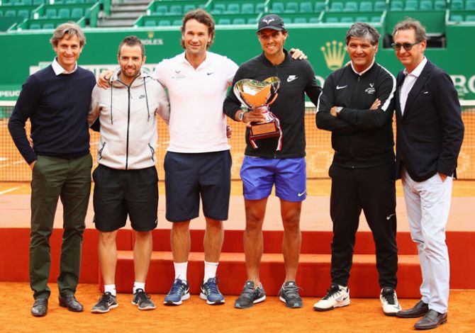 Team Nadal (Left to Right): Agent Carlos Costa, physio Rafael Maymo,coach Carlos Moya,Rafael Nadal, coach Toni Nadal and PR Benito Perez Barbadillo