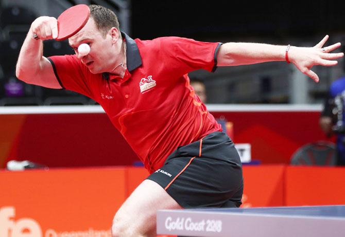 England’s Paul Drinkhall competes during the Table Tennis team round against Ghana at Oxenford Studios