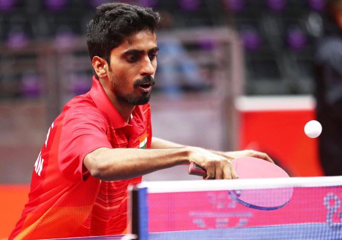 India's Sathiyan Gnanasekaran competes during the men team round table tennis match against Trinidad and Tobago on Day 1 of the Gold Coast 2018 Commonwealth Games at Oxenford Studios on the Gold Coast, Australia on Thursday