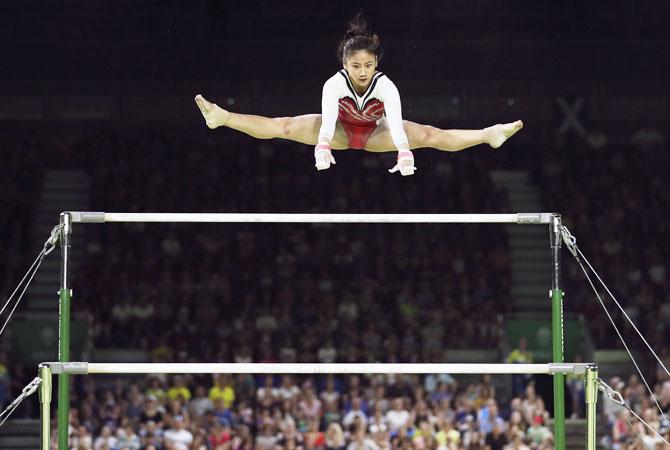 Singapore’s Colette Chan competes on the uneven bars in the Artistic Gymnastics Women's Team Final and Individual Qualification - Subdivision 2 at Coomera Indoor Sports Centre