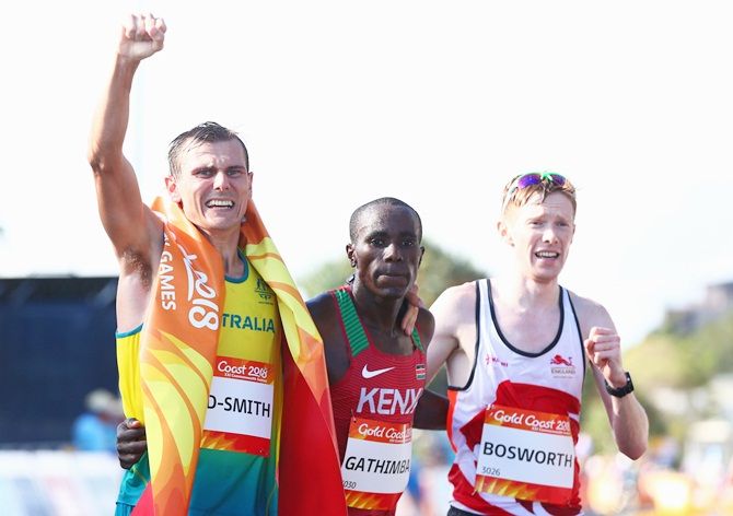Gold medalist Dane Bird-Smith of Australia, bronze medalist Samuel Ireri Gathimba of Kenya and silver medalist Tom Bosworth of England 