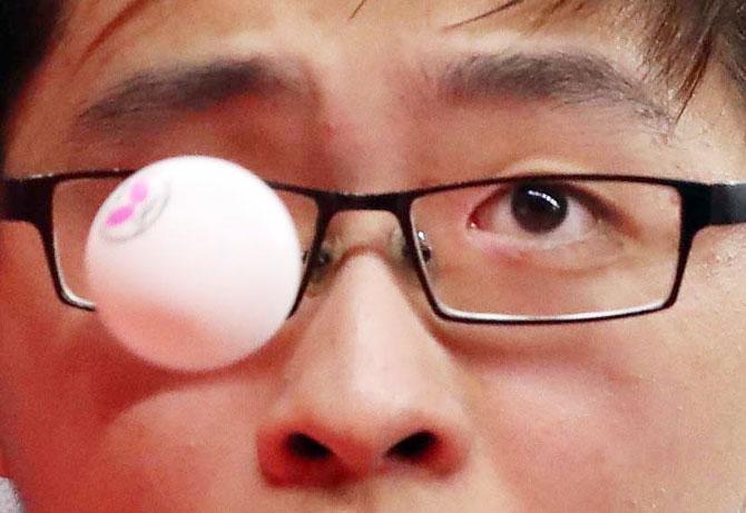 Singapore's Poh Shao Feng Ethan in action during the bronze medal table tennis match at Oxenford Studios on Monday