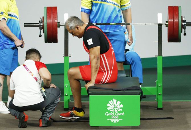Singapore's Para powerlifter Kalai Vanen prepares for the men's heavyweight competition at the Carrara Sports Arena 1 on Tuesday
