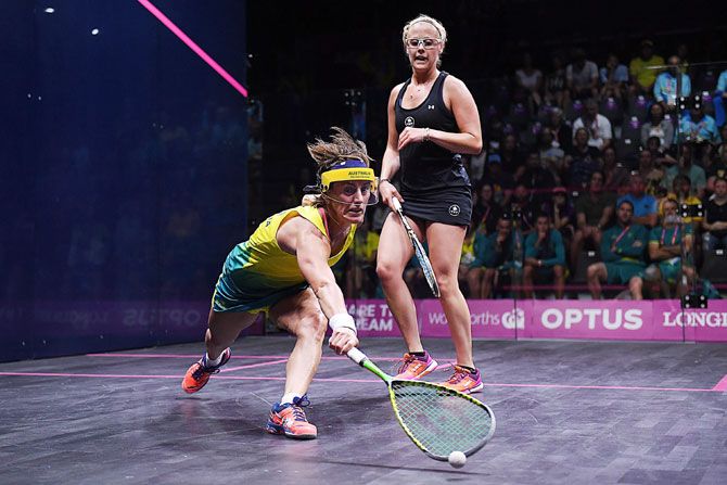 Australia's Rachael Grinham competes in the women's doubles Group D Squash match against Canada at Oxenford Studios on Tuesday
