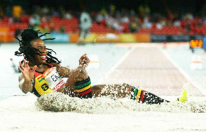 Ghana's Nadia Eke competes in the Women's triple jump final at Carrara Stadium on Tuesday