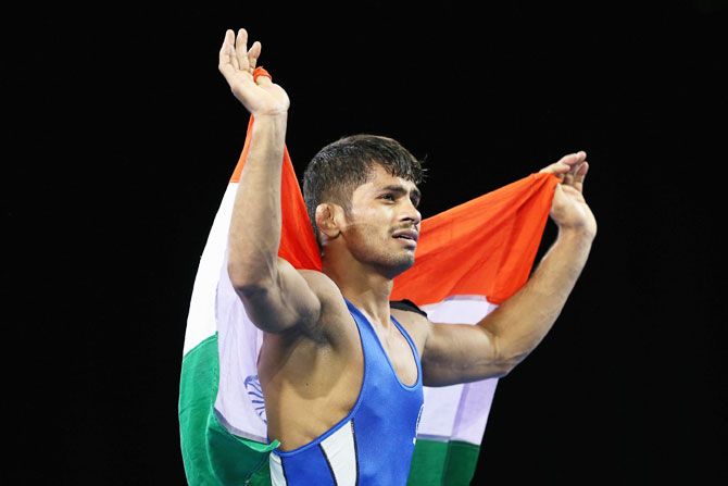 Rahul Aware gets emotional after his gold medal win in the 57kg freestyle wrestling event on Thursday