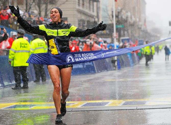 USA's Desiree Linden crosses the finish line to win the women's division of the 122nd Boston Marathon in Boston, Massachusetts, USA on Monday