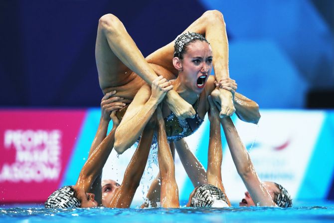 Team Spain compete in the Sychronised Swimming Team Free Routine final of the European Championships at Scotstoun Sports Campus in Glasgow on August 4