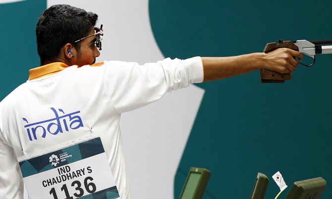 Image result for Indian shooter Manu Bhaker and Saurabh Chaudhary won the gold medal in the 10 meter air pistol at the mixed team junior event in the Asian Airgun Championship in Kuwait