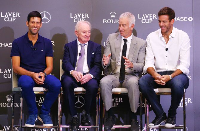(Left-Right) Novak Djokovic, Rob Laver, John McEnroe and Juan Martin del Potro speak to the media during the Laver Cup Team Announcement at JP Morgan Chase in New York City on Tuesday