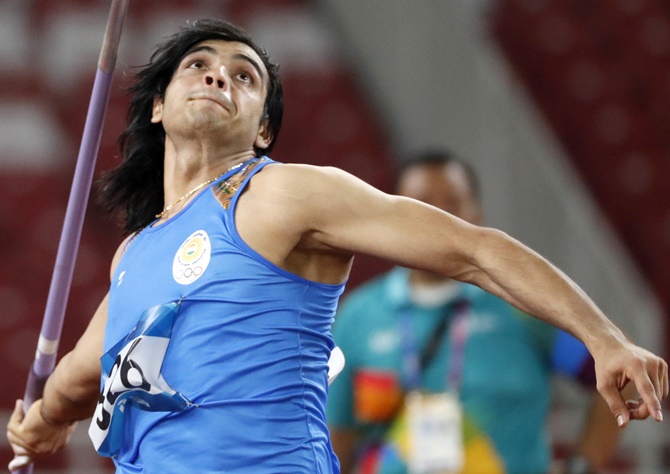 Neeraj Chopra of India in action during the Javelin Throw final at the Asian Games