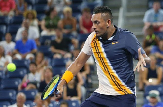 Australia's Nick Kyrgios plays a retur against Moldova's Radu Albot in their US Open first round match at USTA Billie Jean King National Tennis Center in New York on Tuesday
