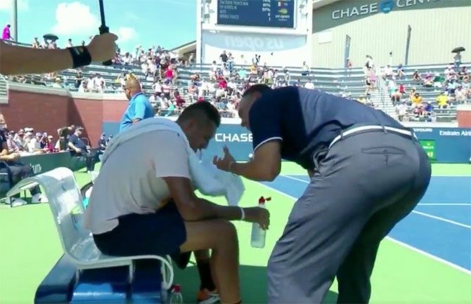 A video grab of umpire Lhyani telling Nick Kyrgios 'I want to help you' during the Australian's first round match against Pierre-Hugues Hwrbert on Thursday