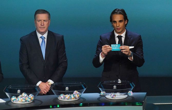 Former Portugal international Nuno Gomes draws Netherlands at the UEFA Euro 2020 qualifying draw at the The Convention Centre in Dublin, Ireland, on Sunday