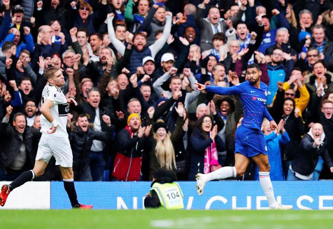 Chelsea's Ruben Loftus-Cheek celebrates scoring their second goal against Fulham at Stamford Bridge in Chelsea on Sunday