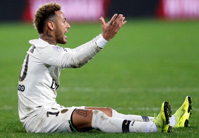 PSG's Neymar reacts. PSG's clash with Montpellier has been postponed due to the protests in the French capital
