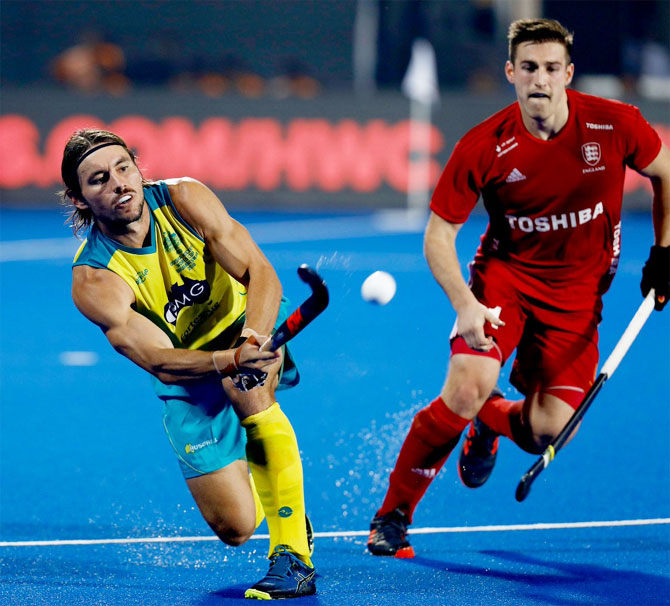 Action from the Hockey World Cup group match played between Australia and England in Bhubaneswar on Tuesday