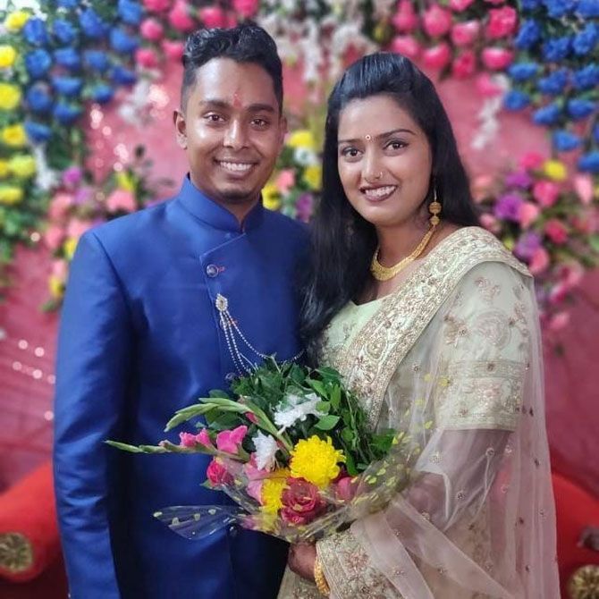 Atanu Das (left) and Deepika Kumari at their engagement ceremony on Monday