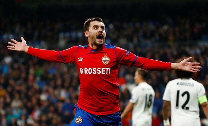 CSKA Moscow's Georgi Shchennikov celebrates scoring their second goal against Real Madrid at Santiago Bernabeu in Madrid on Wednesday