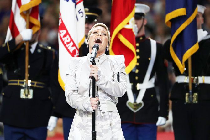 Three-time Grammy winner Pink sings the national anthem prior to Super Bowl LII on Sunday