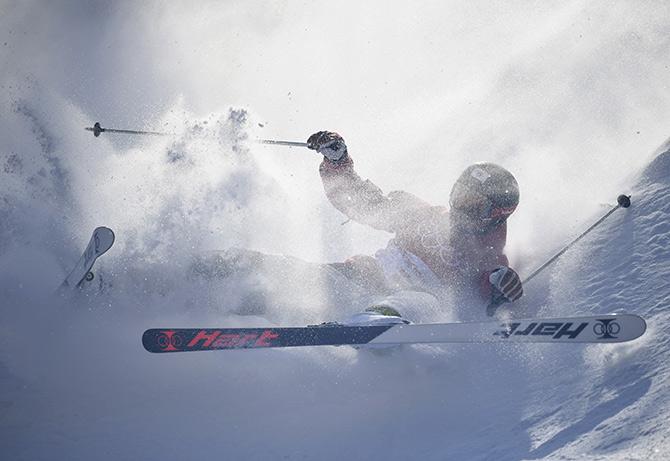 Japan's Freestyle Skier Sho Endo crashes during training at Phoenix Snow Park in Pyeongchang on Thursday