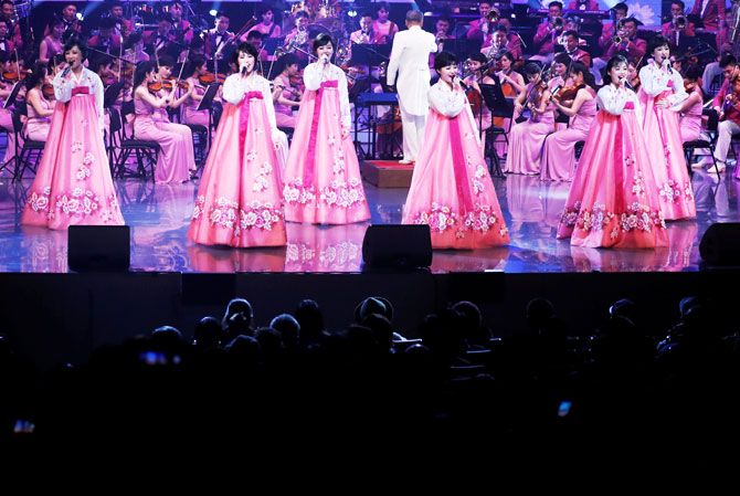 The North Korea's Samjiyon Orchestra performs in Gangneung, South Korea, on Thursday