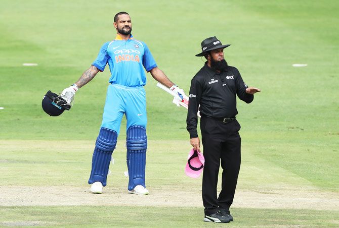 Shikhar Dhawan celebrates on scoring his 13th century against South Africa on Saturday