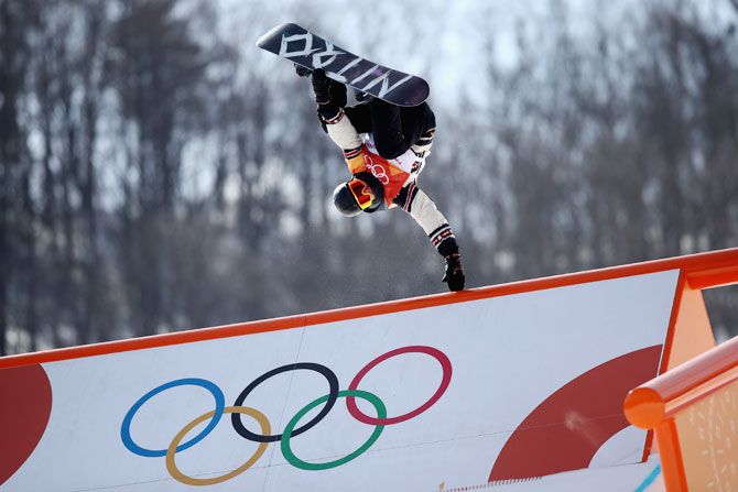 Canada's Tyler Nicholson in action during the Freestyle Skiing Men's Slopestyle final at the PyeongChang 2018 Winter Olympic Games at Pheonix Snow Park in Pyeongchang, South Korea on Sunday
