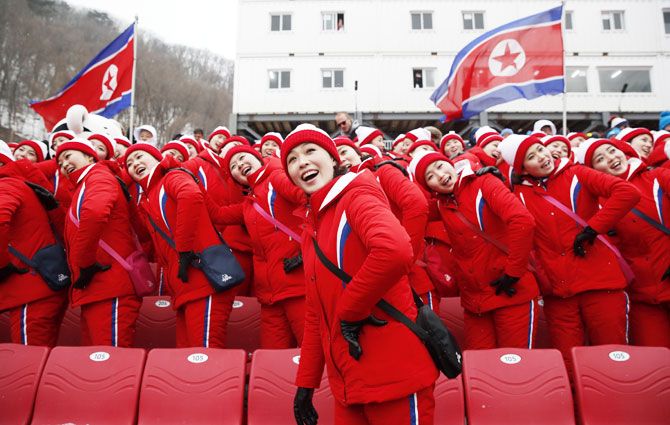 North Korean cheerleaders during the women’s slalom at Yongpyong Alpine Centre at Pyeongchang in South Korea on Wednesday