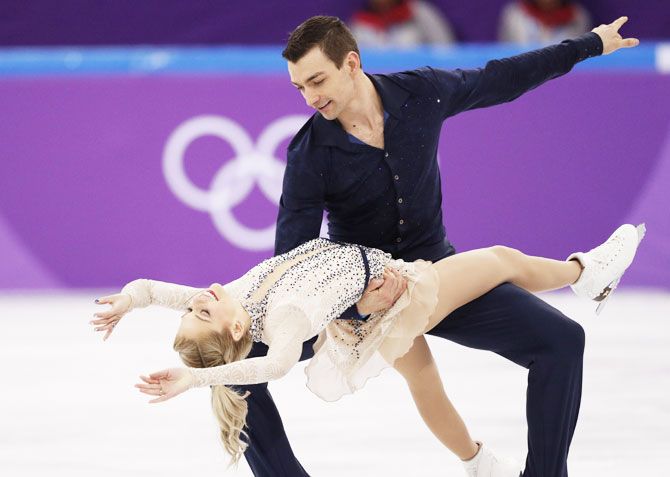 US figure skaters Alexa Scimeca Knierim and Chris Kneirim perform during the pair skating short program competition at the Gangneung Ice Arena at Gangneung, South Korea on Wednesday