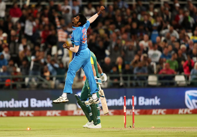 Jasprit Bumrah celebrates the the wicket of Chris Morris 