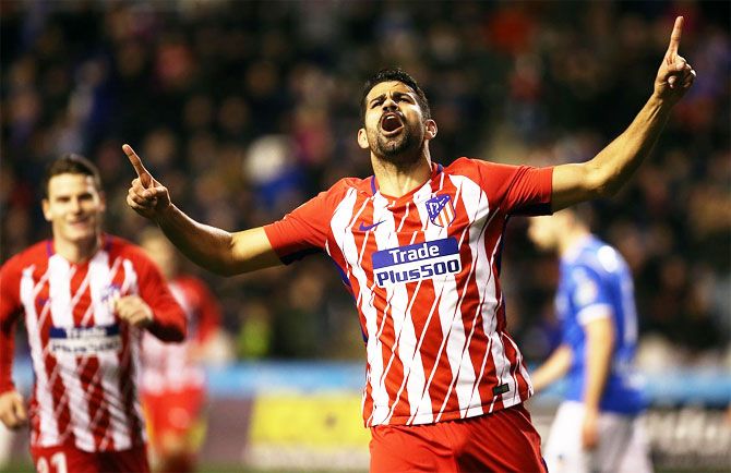 Atletico Madrid's Diego Costa celebrates on scoring against Lleida Eaportiu during their King's Cup (Copa Del Rey match on Wednesday