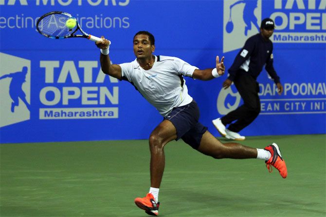 Ramkumar Ramanathan in action against Croat Marin Cilic during his second round match at the Tata Open Maharashtra in Pune on Wednesday