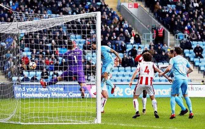Coventry City’s Jordan Willis scores their first goal against Stoke City at Ricoh Arena in Coventry