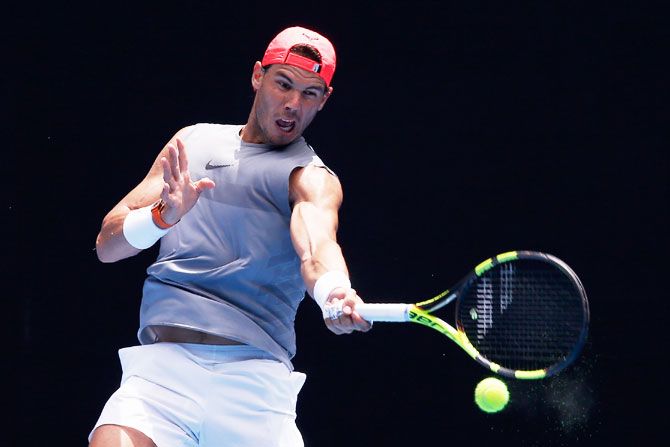 Spain's Rafael Nadal plays a forehand during a practice session on Wednesday