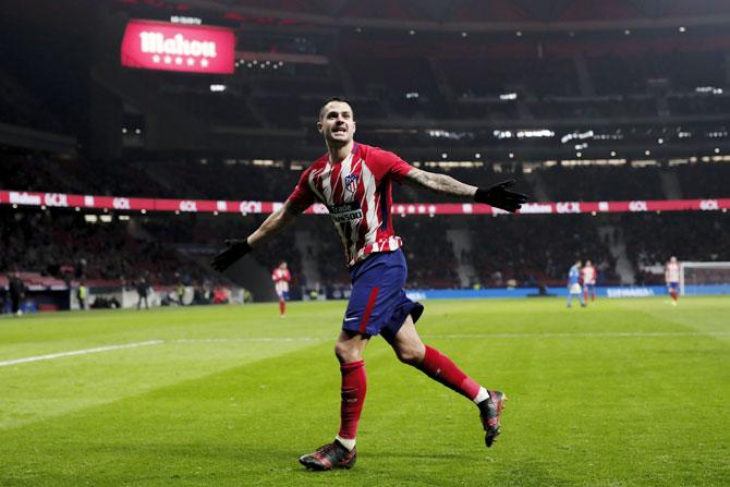 Atletico de Madrid's Victor Machin alias Vitolo celebrates scoring their third goal against Lleida Esportiu during their Copa del Rey second leg match at Estadio Wanda Metropolitano in Madrid on Tuesday