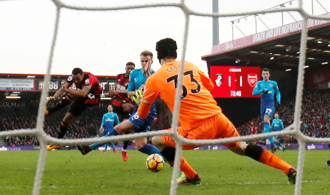 Bournemouth's Jordon Ibe scores the winner against Arsenal during their English Premier League match at Vitality Stadium, Bournemouth, on Sunday