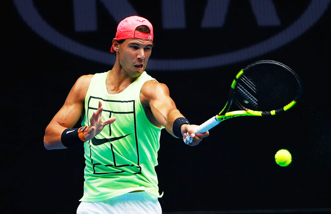 Rafael Nadal at a practice session at Melbourne Park on Saturday