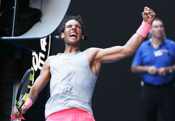 Spain's Rafael Nadal is ecstatic after winning his match against Argentina's Leonardo Mayer