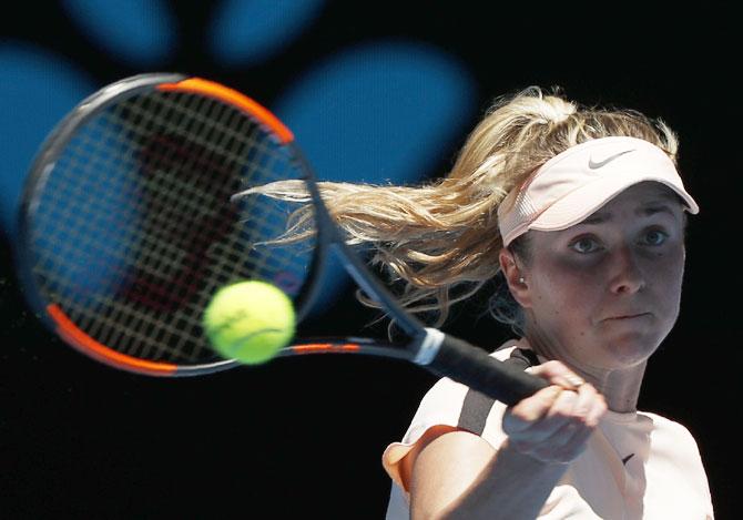 Ukraine's Elina Svitolina hits a shot against Czech Republic's Katerina Siniakova