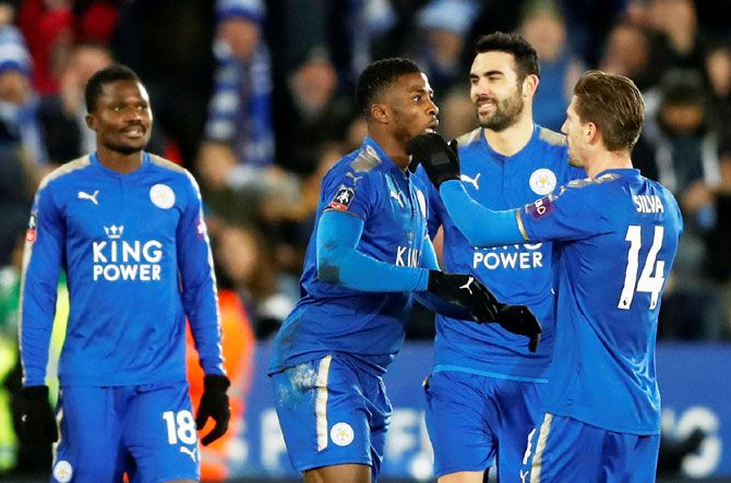 Leicester City's Kelechi Iheanacho celebrates after scoring their second goal after a VAR (Video Assistant Referee) decision during their FA Cup Third Round replay match against Fleetwood Town at King Power Stadium, in Leicester on Tuesday