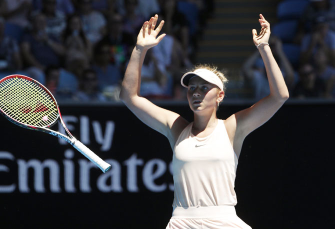 Ukraine's Marta Kostyuk celebrates after his win against Australia's Olivia Rogowska