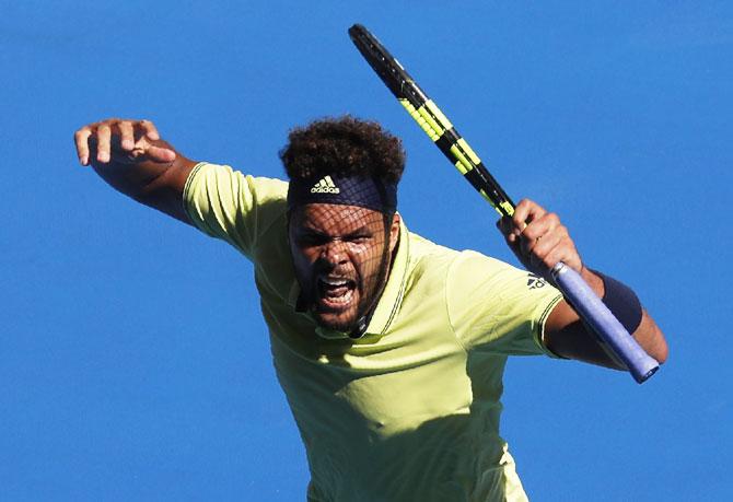 France's Jo-Wilfried Tsonga reacts during his match against Canada's Denis Shapovalov