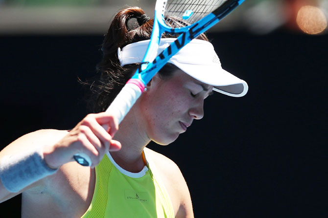 Spain's Garbine Muguruza shows her frustration during her second round match against Taipei's Su-Wei Hsieh