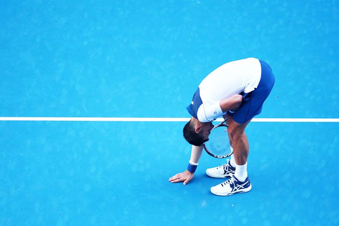 Serbia's Novak Djokovic is a relieved man after his taxing come-from-behind-win over Frenchman Gael Monfils on Thursday